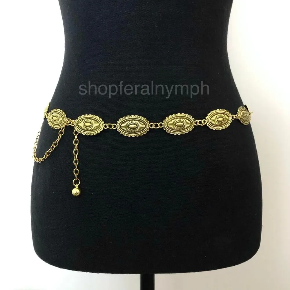 Vintage Y2K Western Gold-Tone Concho Chain Belt, Fits 16–39.5 Inches, X7GA1216